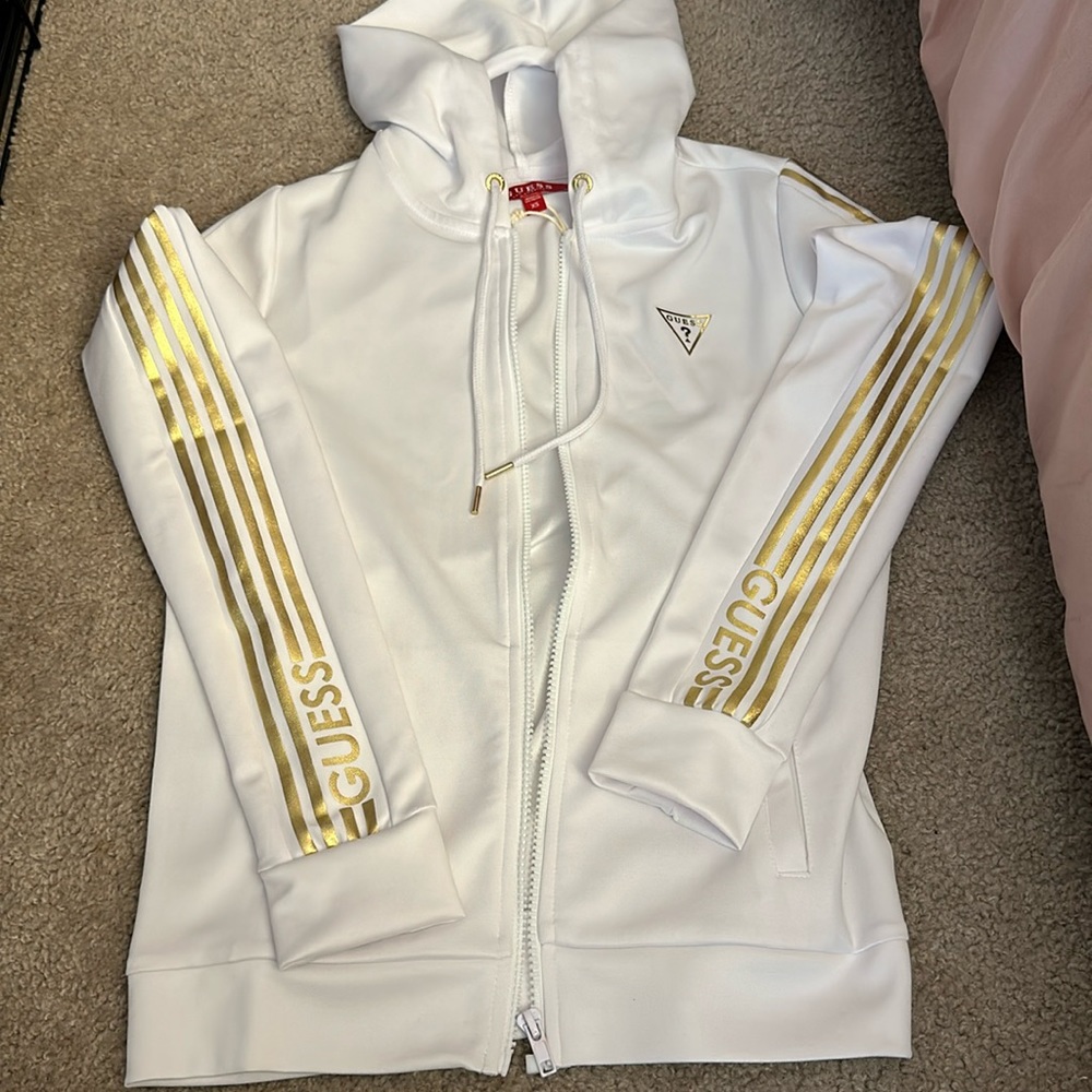 GUESS womens white & gold zip jacket